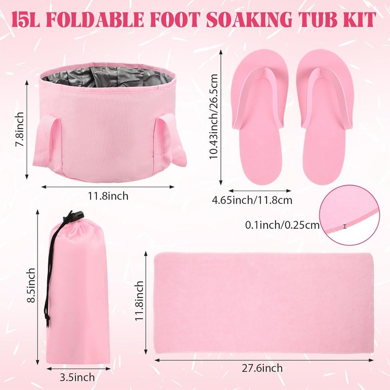 FillTouch Pink Foldable Foot Bath Kit - 15L Soaking Tub, Collapsible Towels & Slippers for Spa Parties | Portable Pedicure Set
