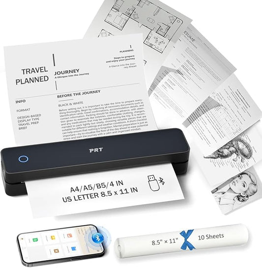 PRT Inkless Portable Printer for Travel, Wireless Thermal Printer Support 8.5 x 11 US Letter A4 B5, Bluetooth Mobile Printers for Laptop, iPhone, Android for Home, Car, Office, School, MT610 Black