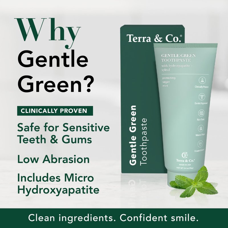 Terra & Co. Toothpaste Combo - Brilliant Black & Gentle Green Formulas for Sensitive Teeth - US-Made - Natural, Vegan, Remineralizing Micro-Hydroxyapatite - Fluoride-Free & SLS-Free - Mint, 3.4 Oz