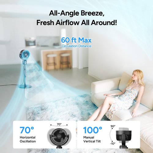 DR.PREPARE Compact Pedestal Fan for Bedroom, Small-Medium Air Circulator Standing Fan, 16-34" Adjustable Height, 70°Auto-Oscillation, 90° Up+10° Down Tilt, 3 Speeds for Small-Medium Office, Home