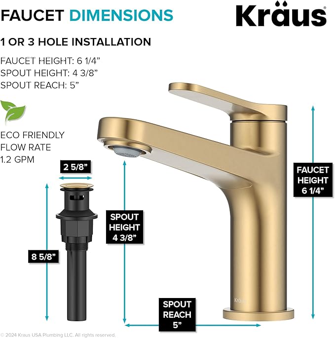 KRAUS Indy Bathroom Faucet in Spot-Free Brushed Brass with Single Handle, Pop Up Drain and Supply Lines, KBF-1411SFBB