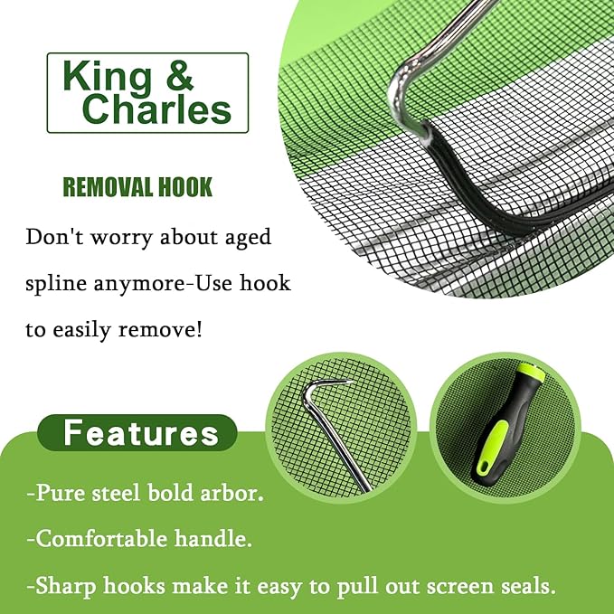 King&Charles Screen Repair Kit/Tool, Screen Roller Tool, Steel Roller with Bear, 32 ft Spline, Removal Hook, 3 in 1 Window Repair Kit, for Installing Door Window Mesh.