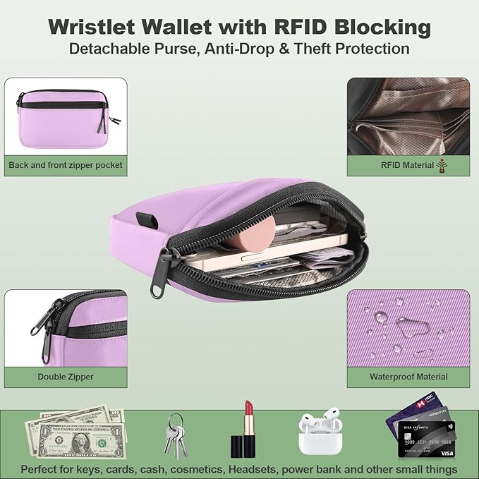YFWE Clip and Go Strap for Phone with Wallet Crossbody, Adjustable Phone Lanyard with Detachable RFID Wristlet Wallet & Ultra-Thin 360° Rotatable Metal Tabs for All Smartphones (Purple)