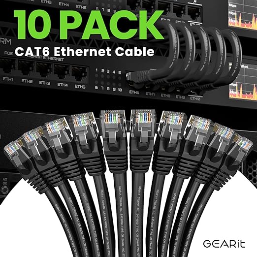 GEARit Cat 6 Ethernet Patch Cable 1 ft Black (10 Pack) Cat6 Patch Cables 1ft Black/Ethernet Patch Cable, 10Gbps 550MHz 24AWG Pure Copper, Snagless, Gold Plated RJ45 for Router, Server, Router, PC