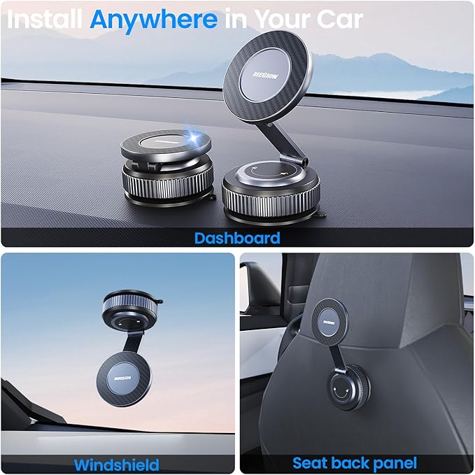 BEEGROW Magnetic Car Phone Holder for Magsafe, Alloy 360° Folding Cell Car Phone Mount with Ultra Stable Suction Cup and Reusable Gel, Dashboard Windshield Stand for iPhone 17-12 Android Pixel Samsung