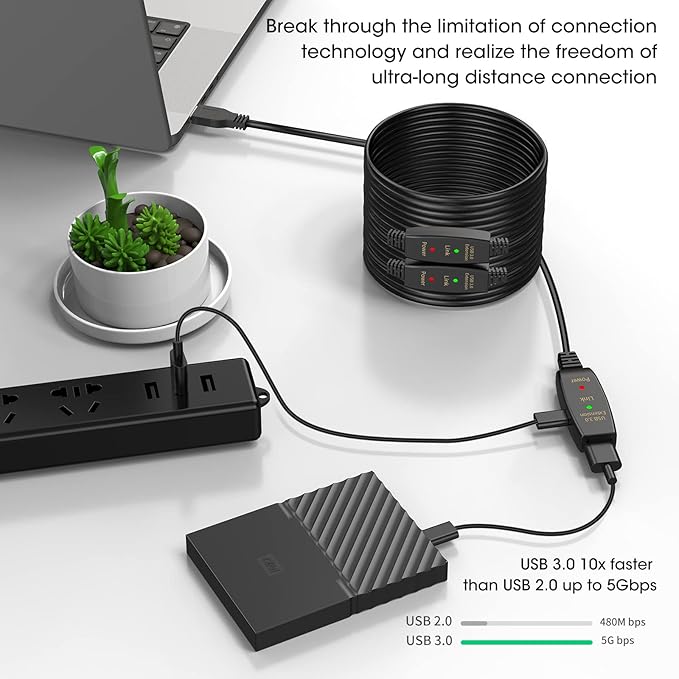 LDKCOK 100ft Active USB 3.0 Extension Cable, Male to Female USB Extender with 3 Signal Boosters, SuperSpeed 5Gbps Data Cord (Micro USB Power Cable Included) for Webcams, Printers, VR, Security Cameras
