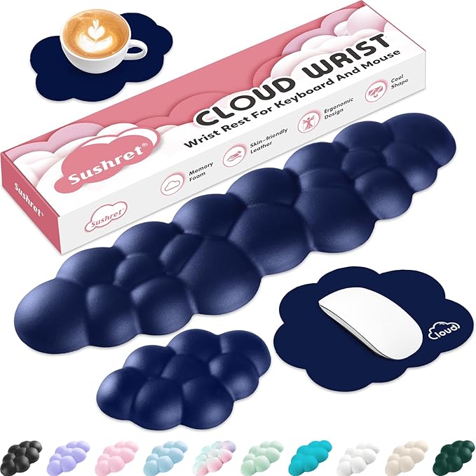 Sushret Cloud Wrist Rest for Computer Keyboard, 4-in-1 Memory Foam Leather Cloud Keyboard Wrist Rest and Mouse Pad Set with Ergonomic Support for Arm and Palm Cushion, Gaming/Work Setup, Dark Blue