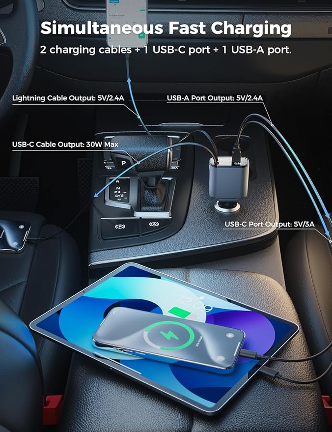 【Upgraded】 SUPERONE Retractable Car Charger 4 in 1, Fast Car Phone Charger with Cord 2.6ft, USB C and Apple Car Charger Adapter, Compatible with iPhone 17 16 15/15 Pro Max/14/13/12/11, Galaxy, Pixel