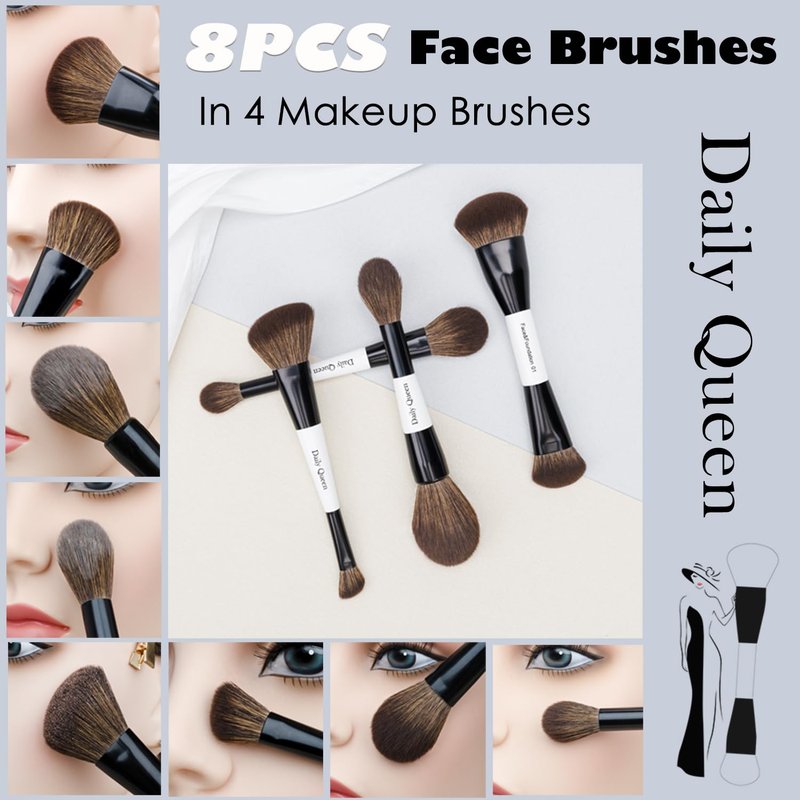Daily Queen Portable Makeup Brush Set 8pcs Dual Kabuki Powder Concealers Eye shadows Blush Eyeliner Eyebrow Contour Eye blending Brushes (8 IN 16 brush set with waterproof bag)