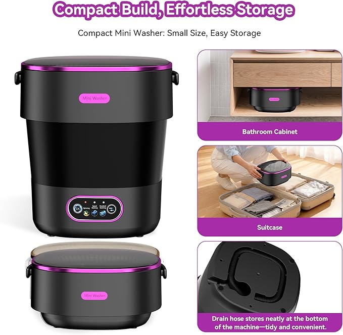 Portable Washing Machine, Mini Washer and Spin-Dryer With Folding Hanger, 16L Large Capacity Small Compact Laundry Machine of Underwear, Baby Clothes, for Apartments, Dormitories, RV, Travel, (Black)