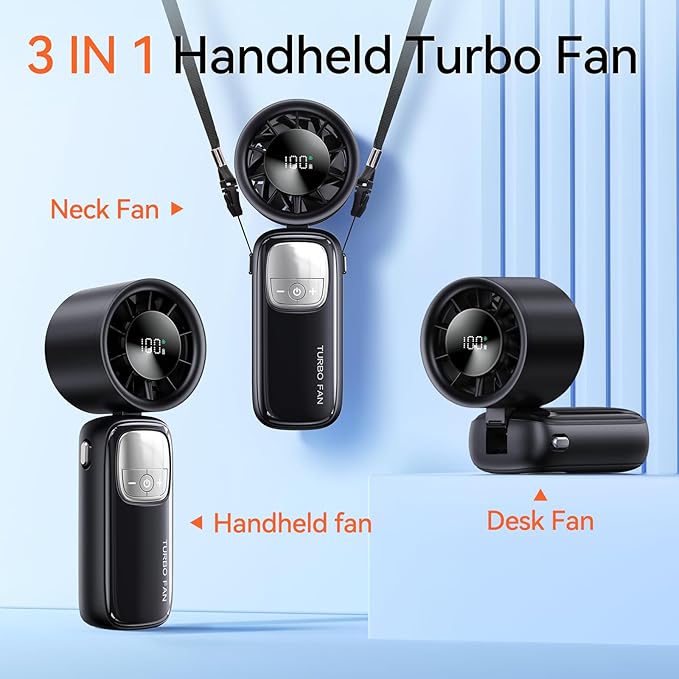 KIMMOO 3-in-1 Portable Handheld Turbo Fan-100 Speeds, 15000 RPM, 10Hrs Cooling, LED Display, 90° Rotation, Small Travel Fan, Mini Foldable Hand Held Personal Fan for Women Men (Black)