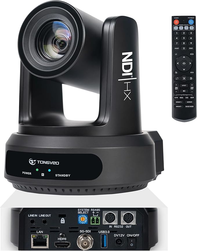 TONGVEO NDI AI Auto-Tracking IP PTZ Camera SDI/HDMI/USB3.0/LAN PoE 30X Optical + 8X Digital Zoom 1080P 60fps for Live Streaming Church Services Education Video Conference with OBS vMix and More