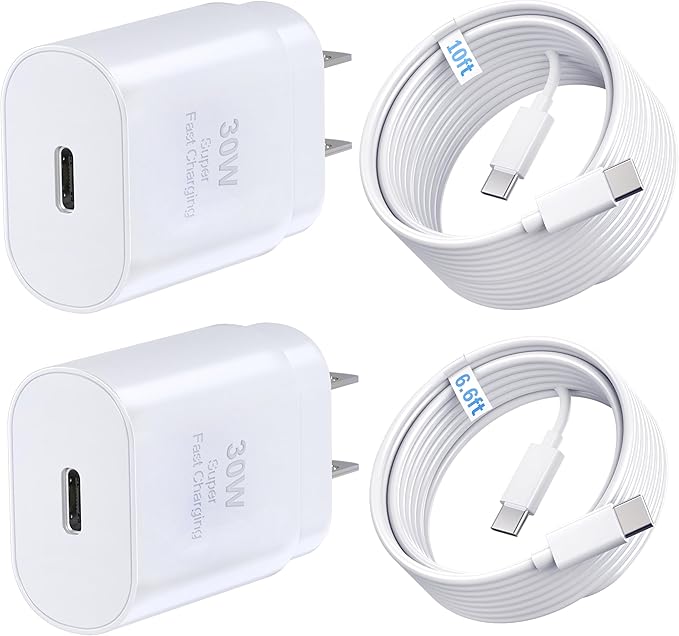 TT&C 30W USB C Fast Charger kit with 10FT & 6.6FT Cables, PD 3.0 Power Wall Block Compatible with iPhone 17, 17e, iPhone Air, 16, 15, Pro Max, & for Galaxy S26 S25 S24 Ultra & iPad Pro (White)