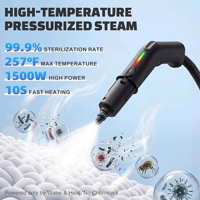Handheld Steam Cleaner with On-Handle Control & Digital Display | 3 Level Pro Steam for Grease, Tile, Carpet | 45oz Tank, 10 Attachments for Home, Car, Kitchen Deep Cleaning (Green)