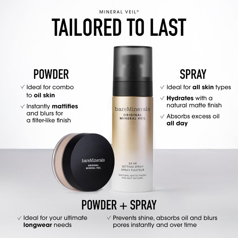 bareMinerals Original Mineral Veil Natural Matte Setting Spray, 24HR Makeup Lock & Oil Control, Alcohol-Free, Sweat & Transfer-Proof, Ultra-Fine Mist for Smooth, Matte Finish