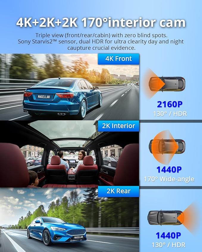 MAGELLAN DR50 3 Channel Dash Cam, 4K+2K Front Cabin Rear, Night Vision, Wide-Angle (170°), STARVIS 2 IMX678, Strong Mount, GPS, Wi-Fi App Control, 24H Parking Mode, Fatigue Alert, 64GB Card Included
