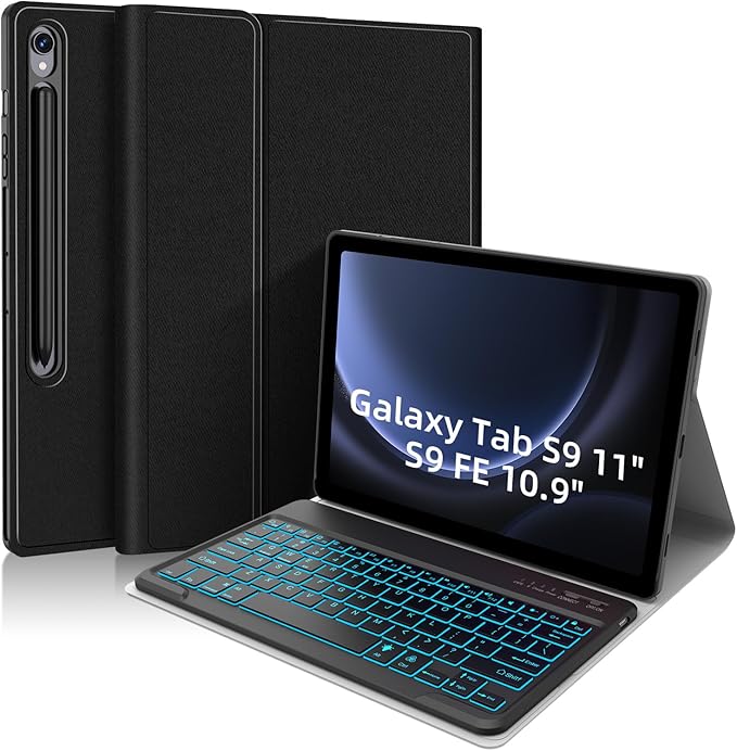 Backlit Keyboard Case for Samsung Galaxy Tab S10 Lite/S10 FE/S9 FE 5G 10.9"/ Tab S9 11", 7 Colors Backlight Detachable Magnetic Wireless Keyboard Case, PU Leather Folio Case, Black