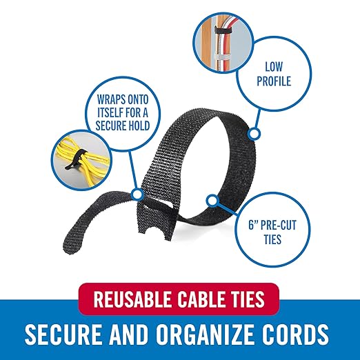 VELCRO Brand Reusable Cable Ties, 100 Pack 6 Inch, Cord & Cable Management Straps for Electronics, Desk, Home Office & Workstations, Black