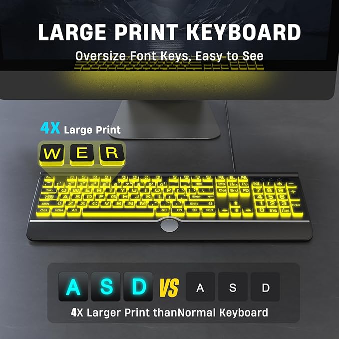 KOPJIPPOM USB Wired Keyboard with Large Print Backlit Keys, 7 Color LED Backlight, Ergonomic Wrist Rest, Spill-Resistant Design, Full-Size Computer Keyboard with Number Pad for PC Desktop Laptop