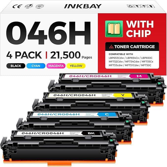 046H 046 Toner Cartridge 4-Pack MF733Cdw High Yield Replacement Compatible with Canon 046 046H Toner Color imageCLASS MF733Cdw MF731Cdw MF735Cdw LBP654Cdw Laser Printer Ink - Black Cyan Yellow Magenta