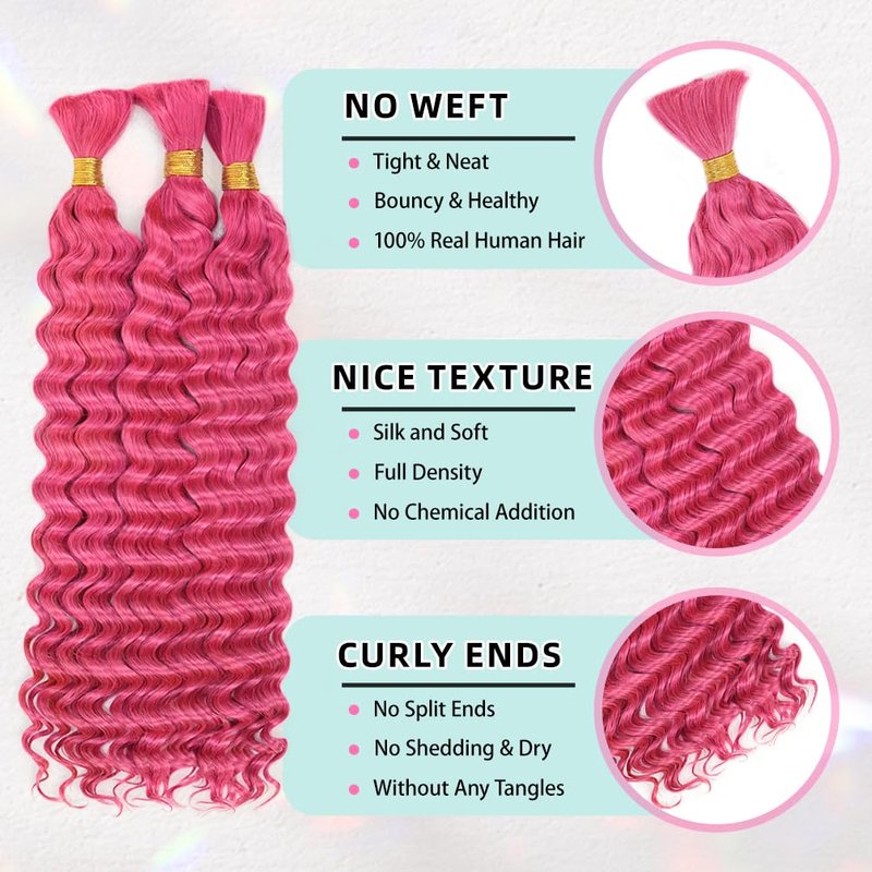 14 Inch Deep Wave Human Braiding Hair for Boho Braids – 50g 1 Bundles/Pack Pink 100% Unprocessed 12A Brazilian Virgin Human Hair Bulk, No Weft, Wet & Wavy Curly Extensions