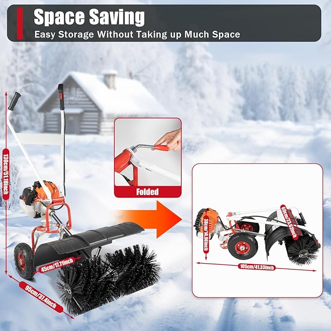 52cc Handheld Snow Sweeper Brush Broom, Gas Power Folding Outdoor Driveway Turf Grass Snow Cleaning Tool Walkway Cleaner for Leaves, Snow, and Gravel