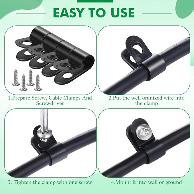 Hicarer 50 Pack R-Type Cable Clip Wire Clamp, Nylon Screw Mounting Cord Fastener Clips with 50 Pack Screws for Wire Management (Black,1/4Inch)