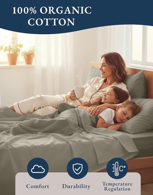 Lane Linen 100% Organic Cotton Queen Sheets - Soft, Naturally Cooling Percale Set in Silver