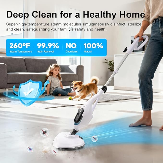 11-in-1 Steam Mop, 1550W Powerful Handheld Steam Cleaner, 260Â°F Multi-Functional Floor Steamer with 21.3FT Cord for Floors, Hardwood, Tiles, Grout, Windows, Kitchen, Bath, Adjustable (White)