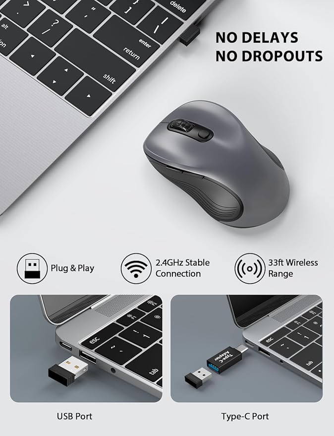 Trueque Wireless Mouse, 2.4GHz Ergonomic Mouse for Laptop & PC, Silent Portable Computer Mice with Back & Forward Buttons, USB-C Adapter for Windows/Mac, M01 (Gray)
