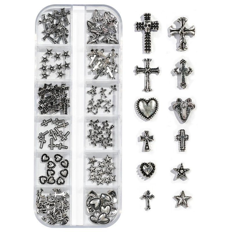Cross Nail Charms,1Boxes 12Grids 3D Silver Goth Nail Gems,Vintage Metal Alloy Cross Star Heart Nail Charm Rhinestones Studs for Women Girls Manicure Design (B)