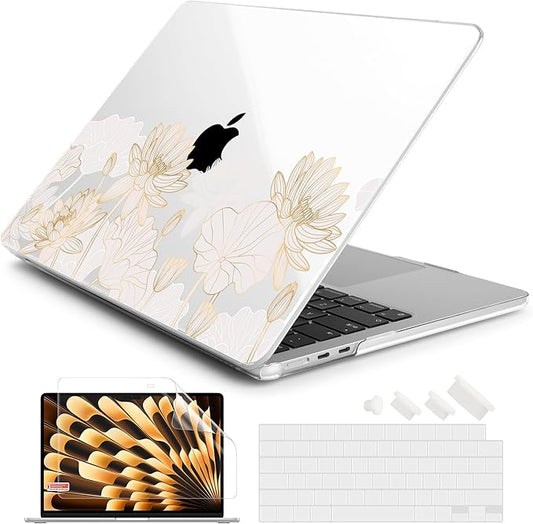 Batianda Premium Case for New MacBook Air 15 inch with M5 M4 M3 M2 Chip 2026 2025 2024 2023 Release, Designed Ultra-Slim Hardshell & Keyboard Cover & Screen Protector 4-in-1 Bundle, Gold Lotus