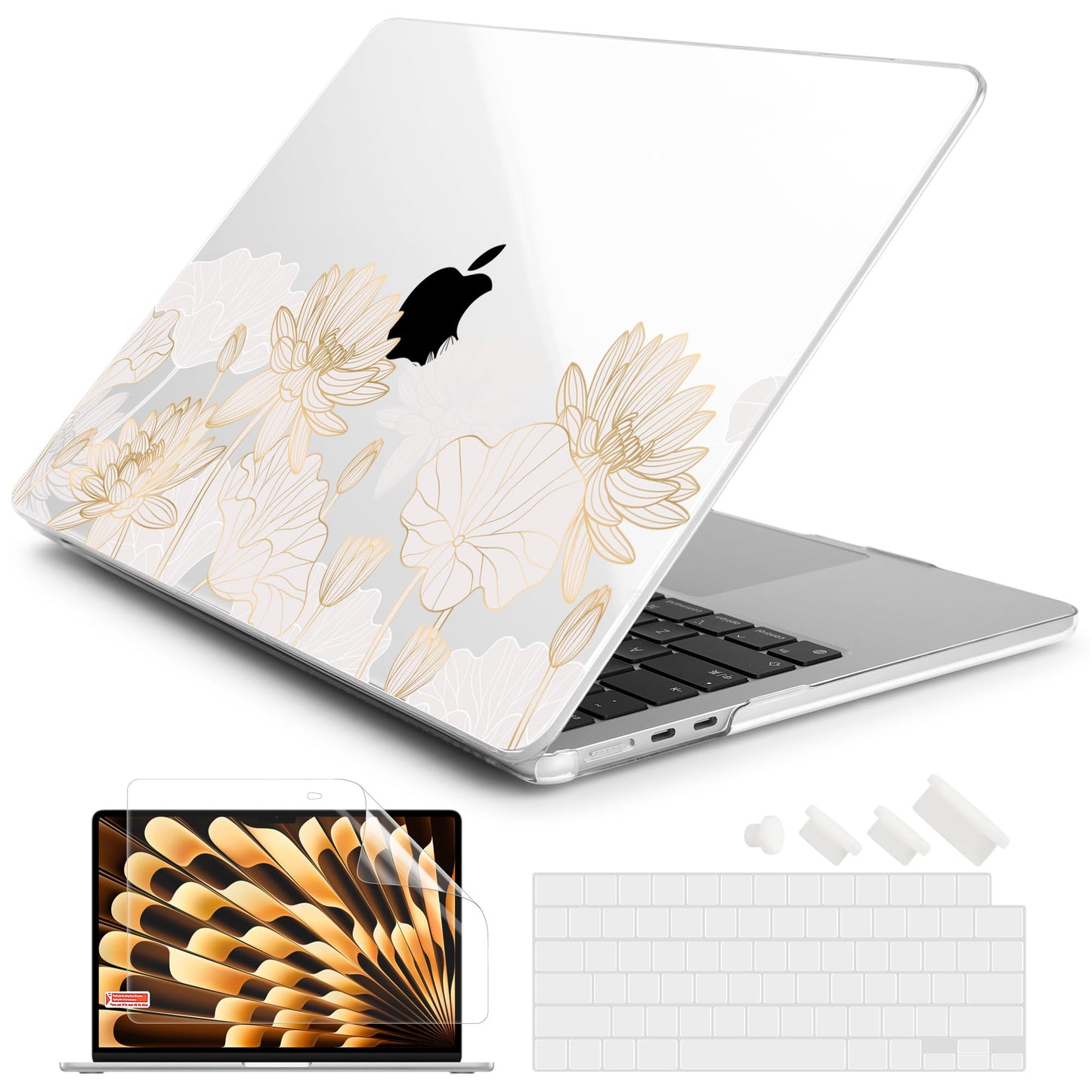 Batianda Premium Case for New MacBook Air 15 inch with M5 M4 M3 M2 Chip 2026 2025 2024 2023 Release, Designed Ultra-Slim Hardshell & Keyboard Cover & Screen Protector 4-in-1 Bundle, Gold Lotus