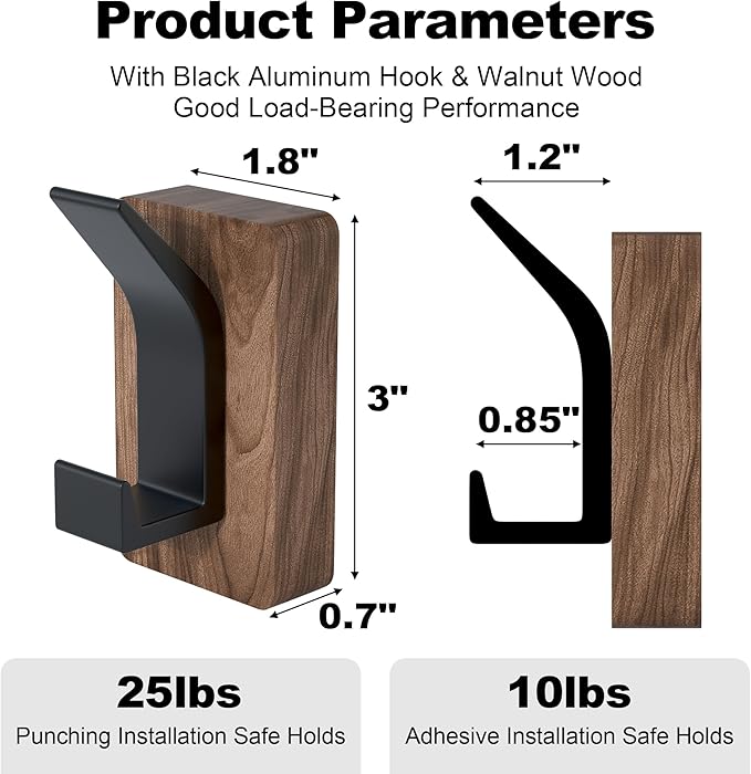 IURRDOP 4 PCS Black Walnut Wood Wall Hooks Adhesive Mounted & Wall Mounted Rustic Decorative Entryway Hooks Mid Century Modern Natural Wooden Pegs for Hanging Coat Clothes Hat Bag Purse and Towel