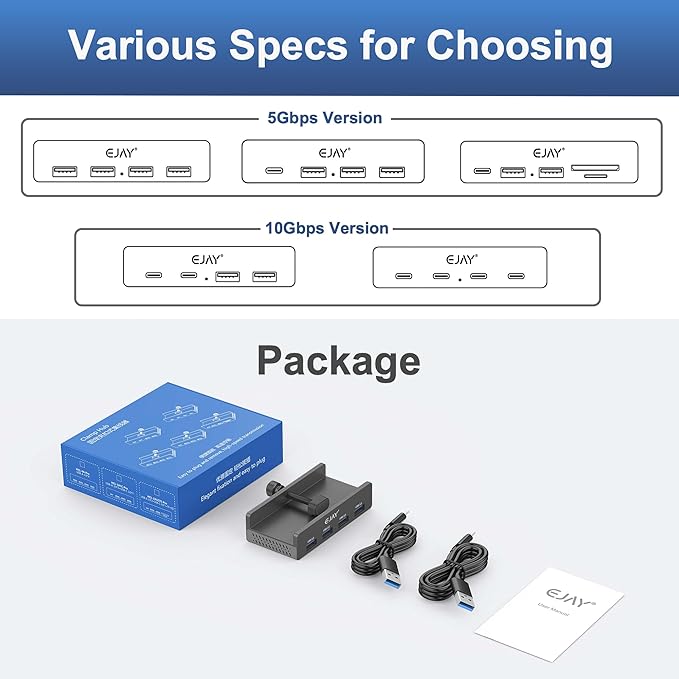 EJAY Clamp USB 3.0 Hub for Desk & Monitor, 4-Port 5Gbps High-Speed Under Desk USB Hub with 59in Extra Long Data Cable, Aluminum Multi Port Splitter for PC, Mac, Laptop, Black