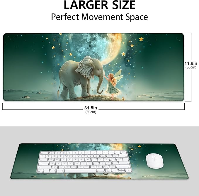 Mounidso Fairy and Elephant Large Mouse Pad, Gaming Mouse Pad, Keyboard Mat, Non-Slip Rubber Base, Office Accessories, Desk Mat, MousePads for School, Work, Home Decor Gifts 31.5" x 11.8"