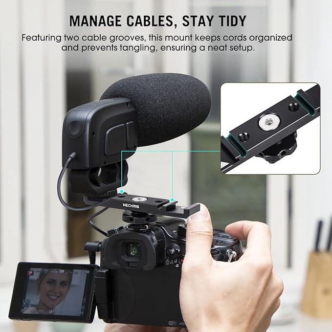 Mechrig Dual Cold Shoe Extension Bar Mount, Aluminum Dual Hot Shoe Mount Bracket with 1/4" Thread & Cable Slot, Cold Shoe Bracket for DSLR Camera LED Video Light Microphone Monitor (62034)