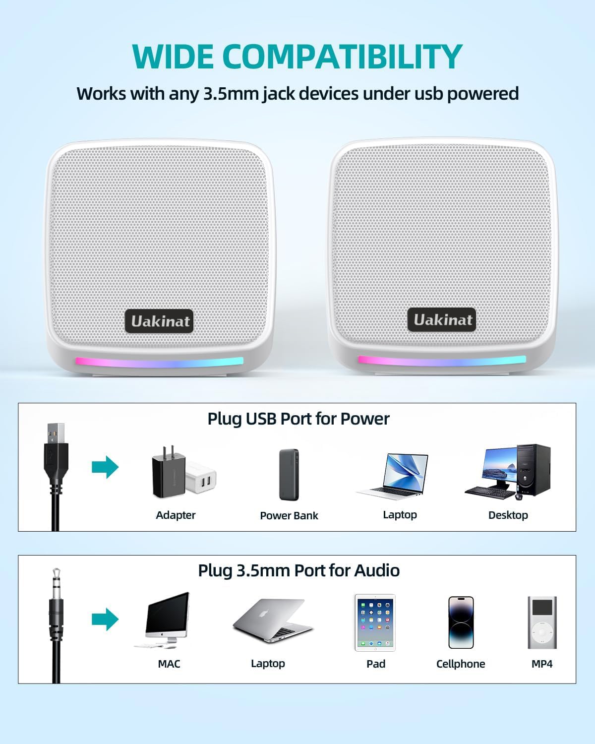 Uakinat Computer Speakers for Desktop PC, USB Powered 3.5mm Aux Speaker for PC, Laptop, Tablet, Phone, Plug and Play with Volume Control, White