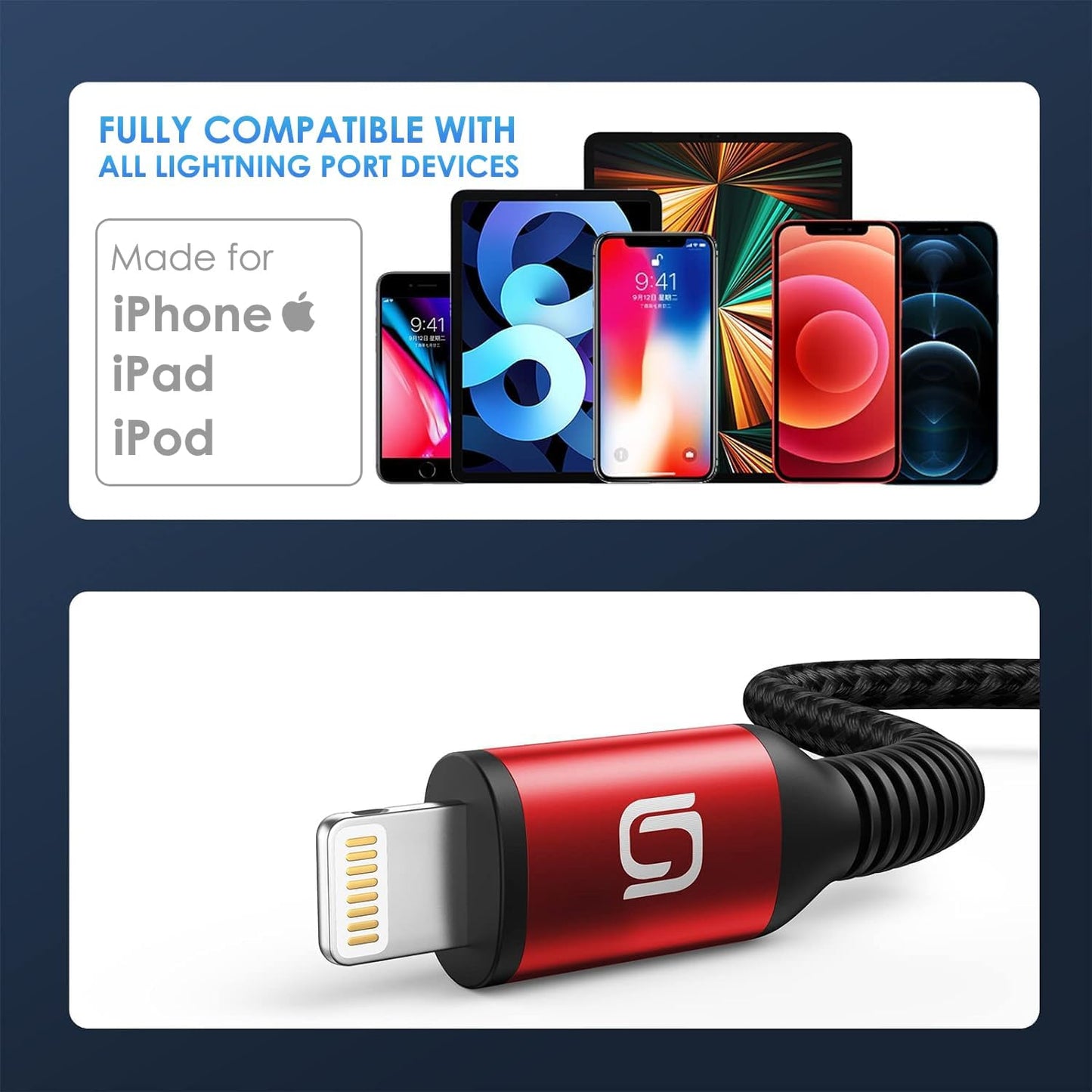 Long iPhone Charger Cable 10FT, 3Pack [Apple MFi Certified] USB-A to Lightning Cable Nylon Braided Fast Charging Cord Compatible with iPhone 14/13/12/11 Pro Max/XR/XS/X/8/7/Plus/6S iPad/iPod/AirPods