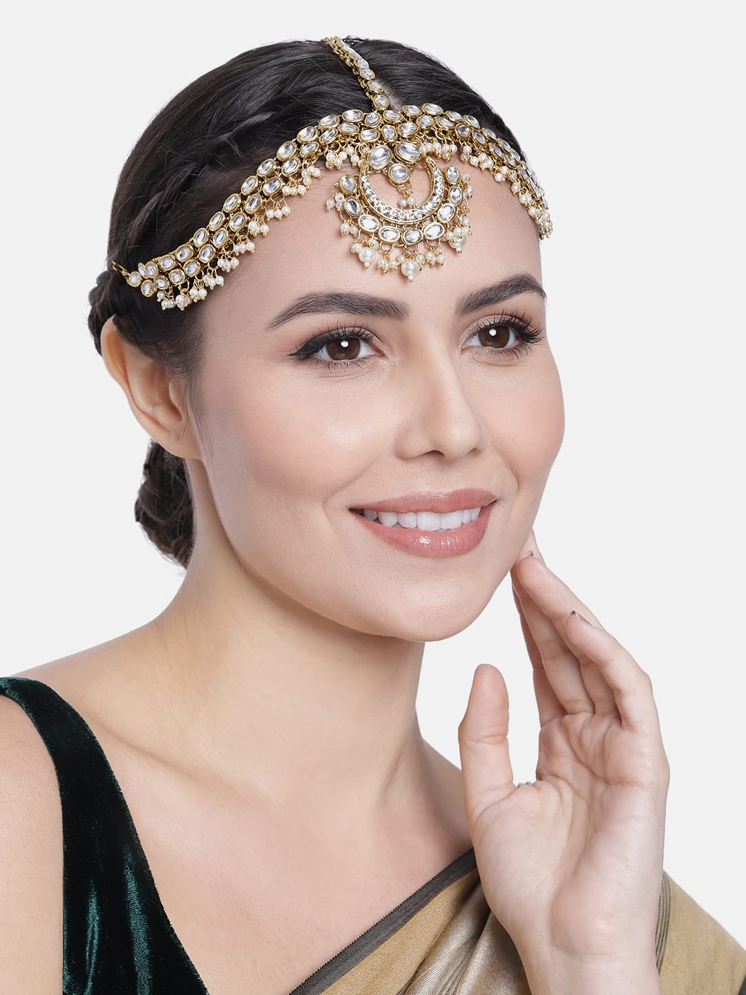 Aheli Traditional Red Kundan Pearl Maang Tikka Matha Patti for Women