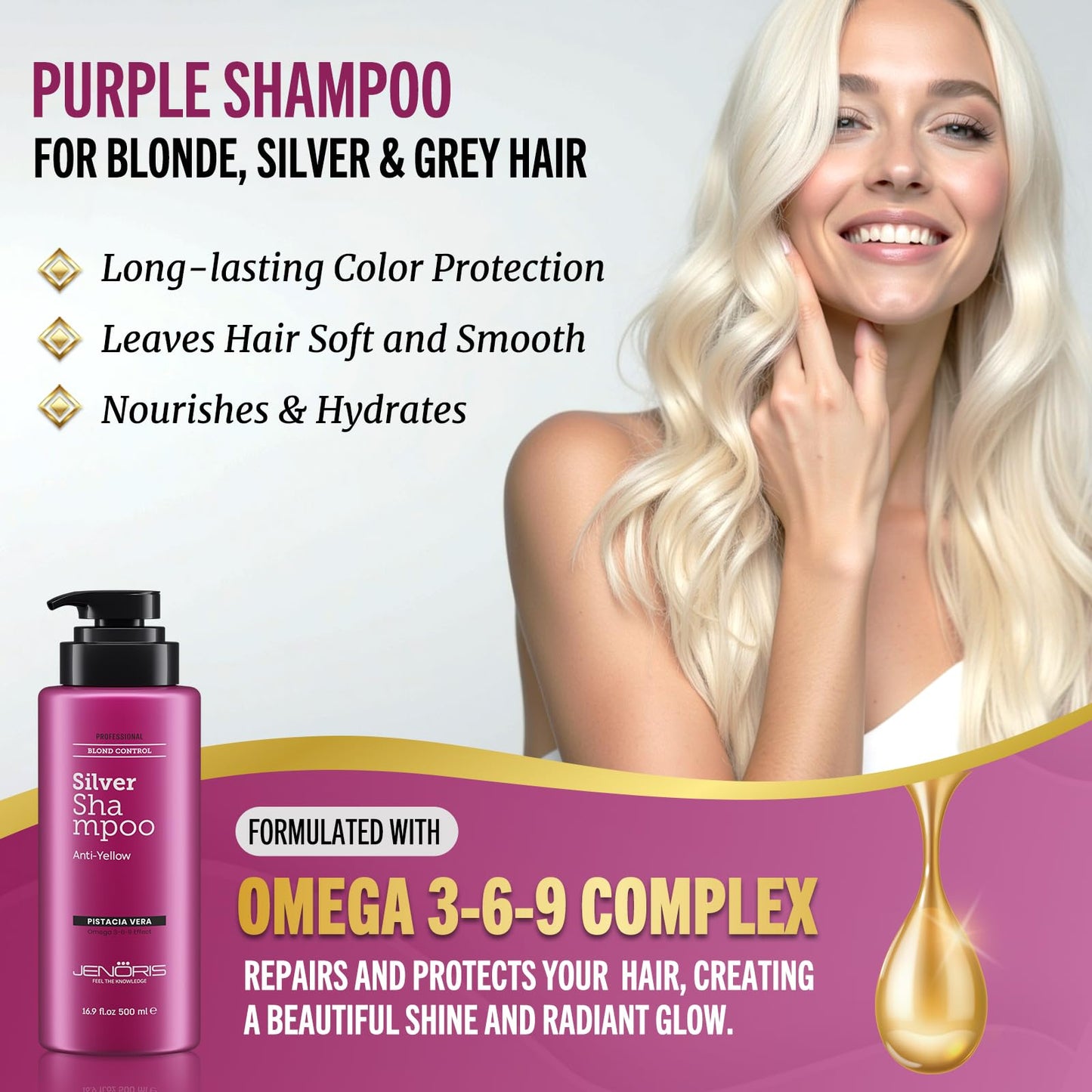 Jenoris Silver Purple Shampoo For Blonde, Silver, Gray & Lightened Hair – Neutralizes Yellow & Brassy Tones – Enriched with Natural Oils, Paraben & SLS Free, Salon Professional, 16.9 Fl Oz