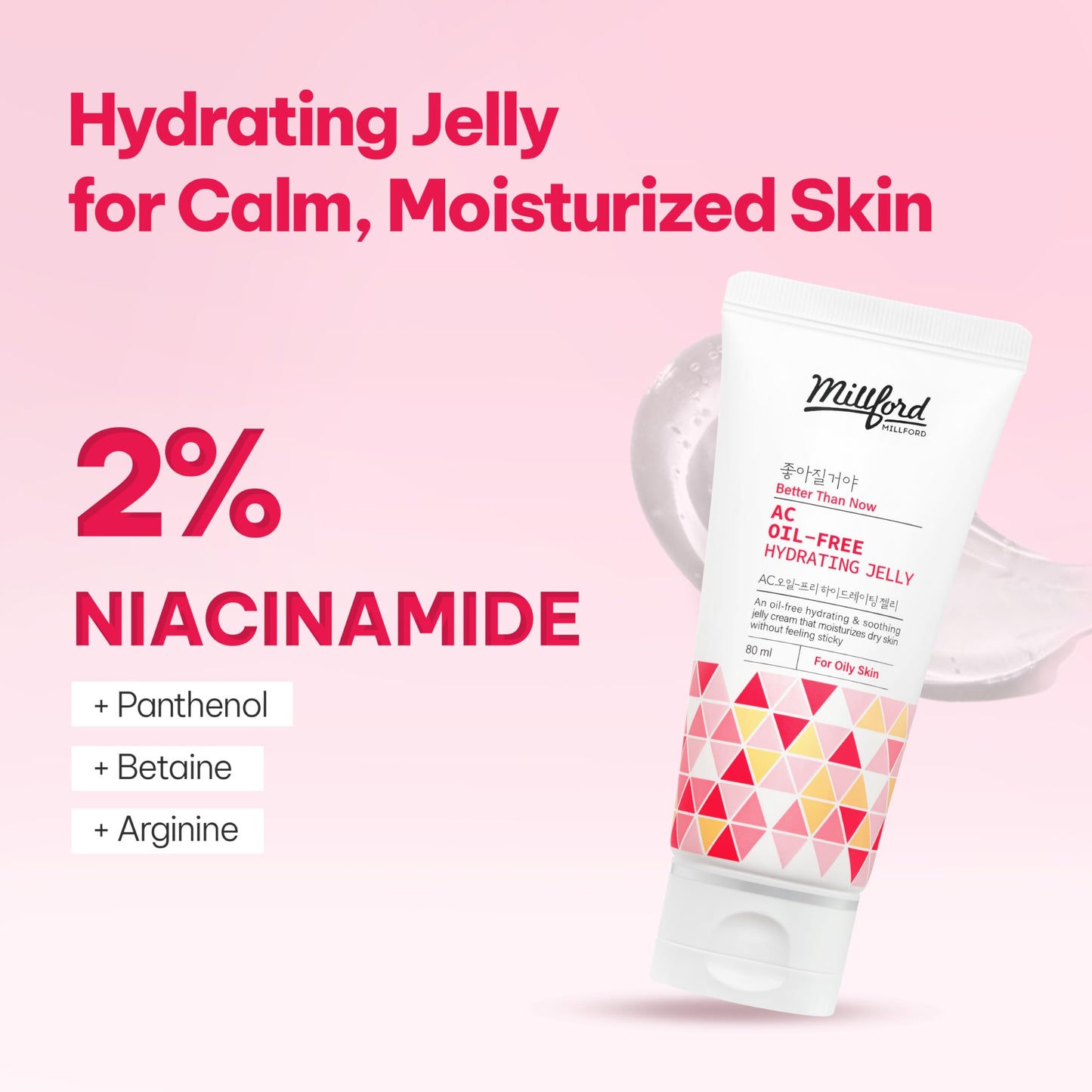 Millford AC Oil-Free Hydrating Jelly 2.7Oz, 80ml, Oil Free Facial Moisturizer for Acne-Prone Skin, Niacinamide 2%, Unscented, Mild, Soothing Cream, Non Greasy Moisturizer, Korean Skincare