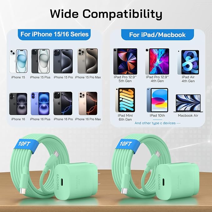 30W USB C i Phone 17 16 15 Charger Fast Charging, 2PACK Wall Charger for iPhone 16 15 Pro Max Charger Cord 10FT Fast Type C Block for iPhone 17 Pro Max/17 Air/16/15 Plus/15 Pro Max,i Pad Pro, Green