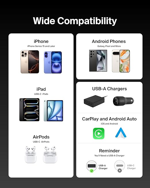 Belkin USB A to USB C Cable 2-Pack, 3.3ft, 15W - Type C Charger, iPhone Charger Cord, Soft, Braided, Flexible for iPhone 17 & 16, Galaxy S26, Pixel 10, iPad Pro, Airpods Pro, Switch & More - Black