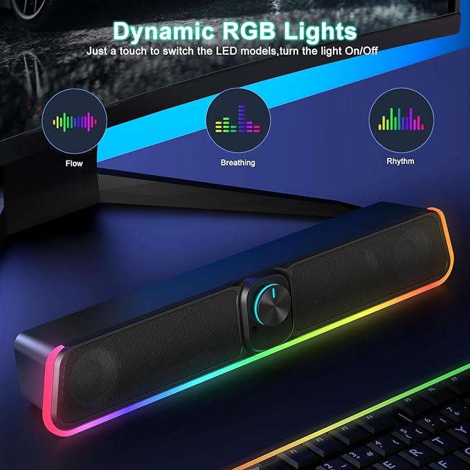 BUSP-HYY Computer Speakers - Wired USB Powered Bluetooth Computer Sound Bar with RGB & Volume Knob, HiFi Stereo Portable Gaming Sound Bar Speaker for Desktop Monitor, PC, Laptop, Tablets, Mac Air/Pro