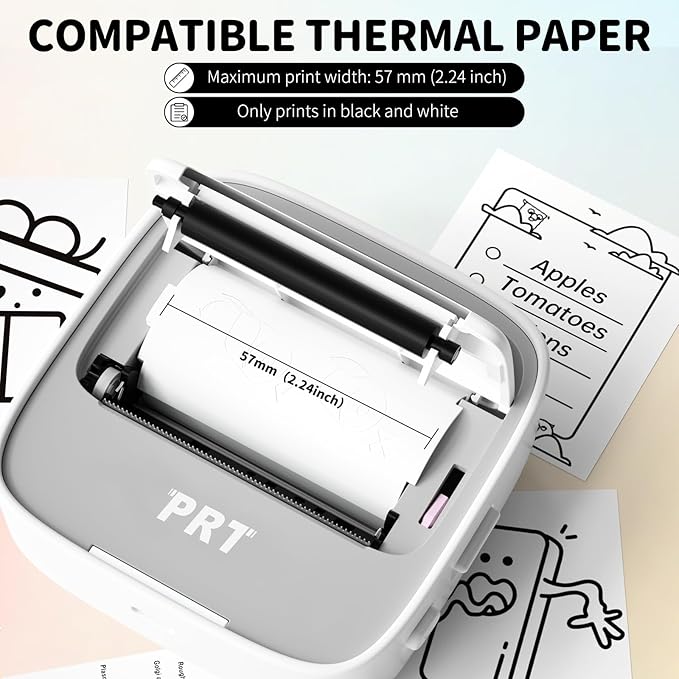 PRT Mini Sticker Printer, Portable Thermal Printer with 1 Roll Sticker Paper, Inkless Sticker Maker, Bluetooth Label Printer for Study Notes,Lists,Pictures,DIY Creations Printers for Home Use, Grey