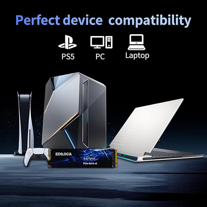 Ediloca 2TB SSD NVMe M.2 2280 PCIe Gen4 x4 Internal Solid State Drive - Up to 4800MB/s, 2TB SSD PS5 Dynamic SLC Cache, PS5 Compatible for Gaming PC Laptop(EN705)