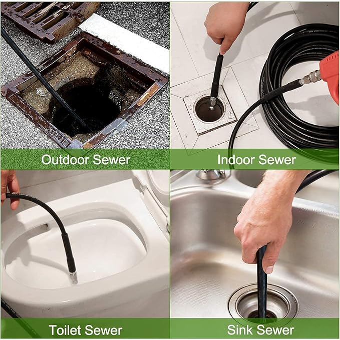70FT Sewer Jetter Kit for Pressure Washer, 5800PSI Drain Cleaner Hose 1/4 Inch NPT, Corner, Rotating and Button Nose Sewer Jetting Nozzle Waterproof Tape Pearl Corsage Pin with 2Pcs Spanner