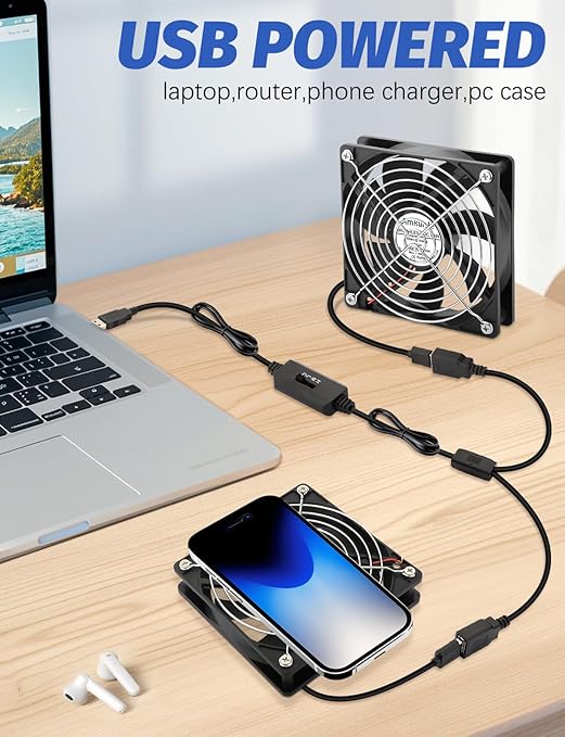 AmRunJe USB Cooling Fan 120mm 2 Packs, 5V Brushless Quiet Fan with Speed Controller for PC Computer PlayStation Xbox Router Receiver DVR AV Cabinet Projector