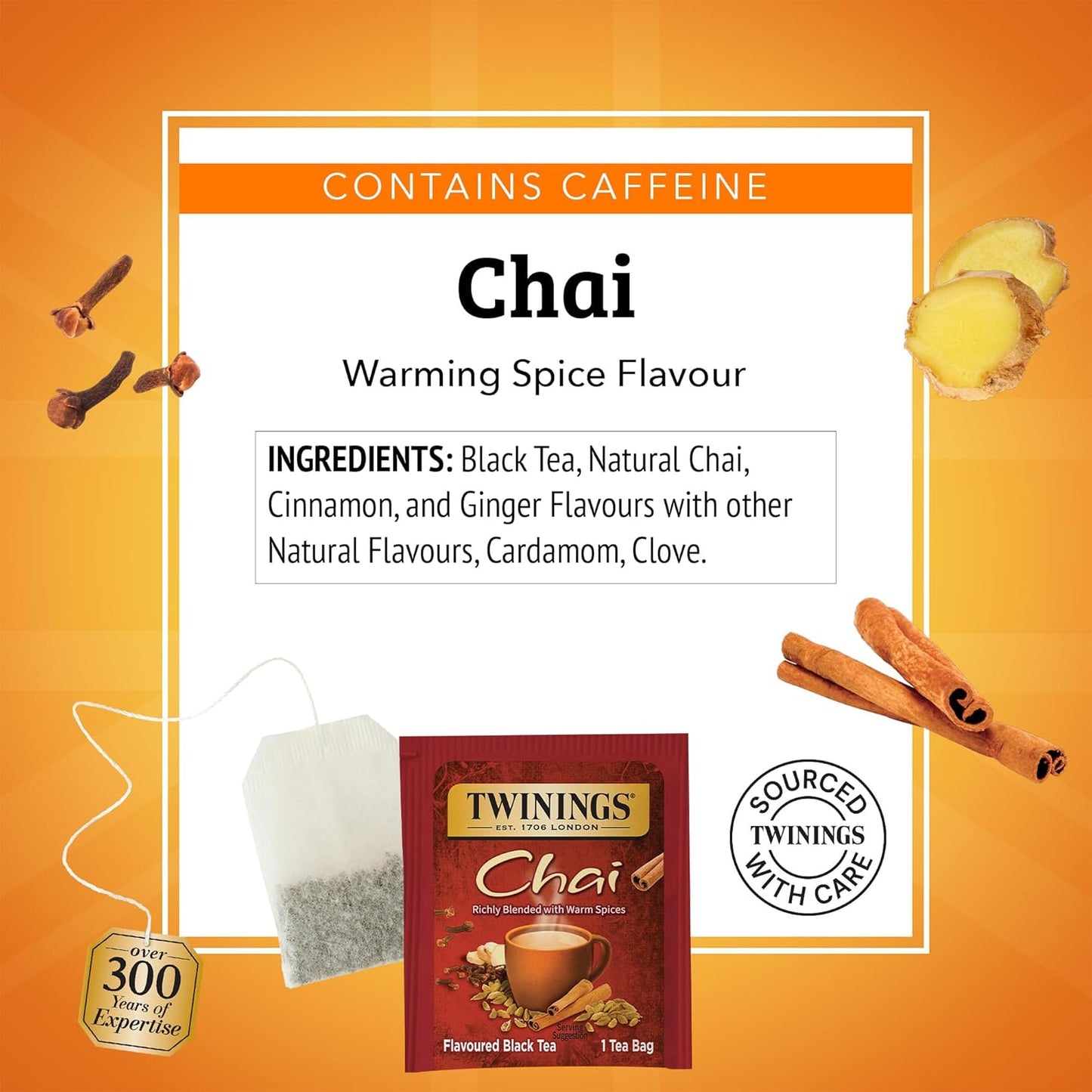 Twinings Chai Black Tea - Individually Wrapped Bags, 25 Count (Pack of 6) | Sweet & Savory Spices, Caffeinated